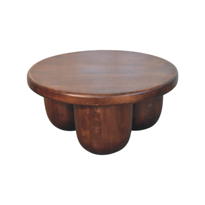 Brown Lacquered Winewood Oak Solid Mango Wood Clara Carved Coffee Table with Sculptural Pillar Legs