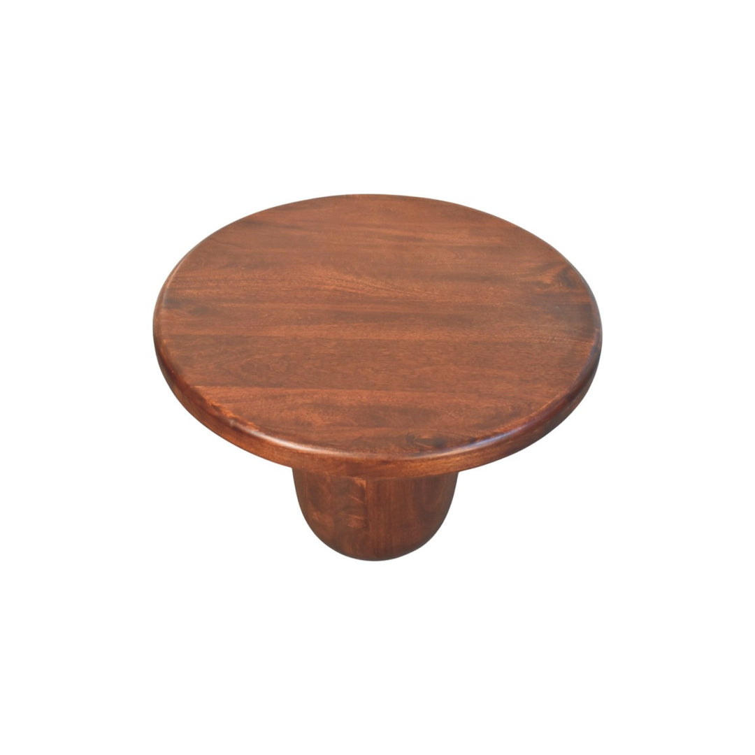 Brown Lacquered Winewood Oak Solid Mango Wood Clara Carved Coffee Table with Sculptural Pillar Legs