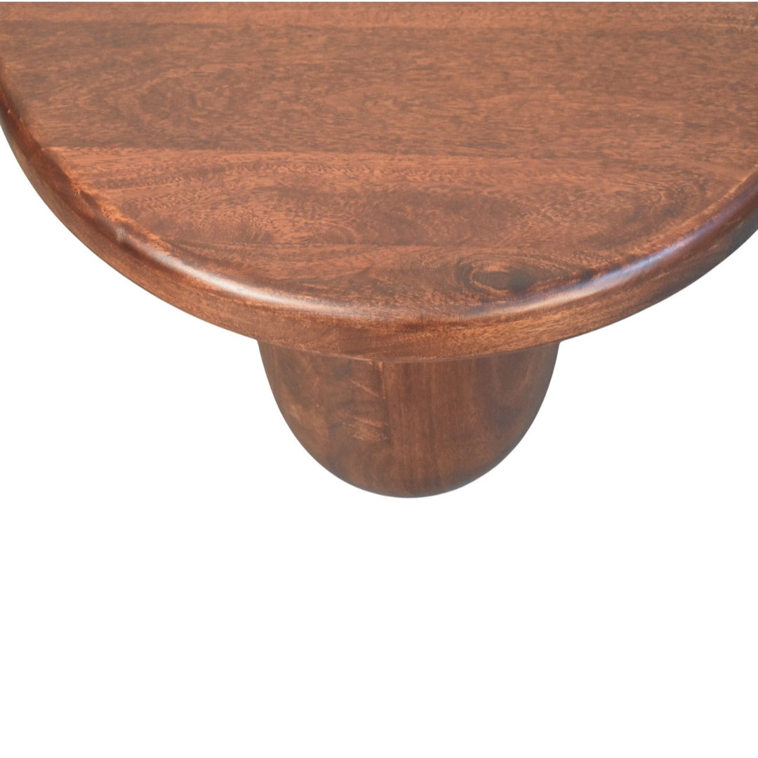 Brown Lacquered Winewood Oak Solid Mango Wood Clara Carved Coffee Table with Sculptural Pillar Legs