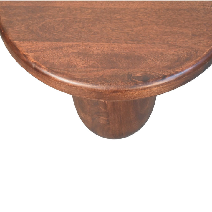 Brown Lacquered Winewood Oak Solid Mango Wood Clara Carved Coffee Table with Sculptural Pillar Legs