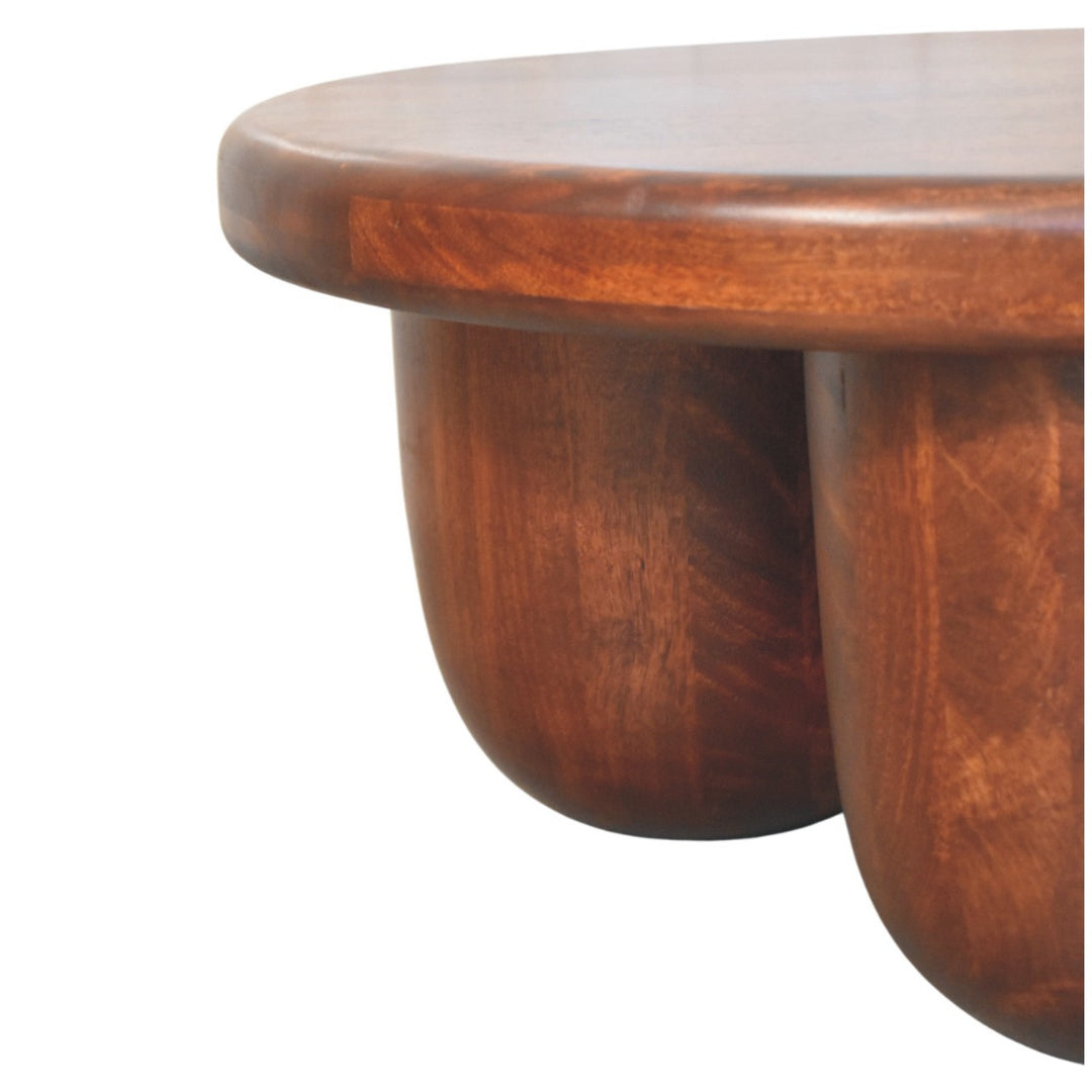 Brown Lacquered Winewood Oak Solid Mango Wood Clara Carved Coffee Table with Sculptural Pillar Legs