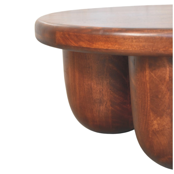 Brown Lacquered Winewood Oak Solid Mango Wood Clara Carved Coffee Table with Sculptural Pillar Legs
