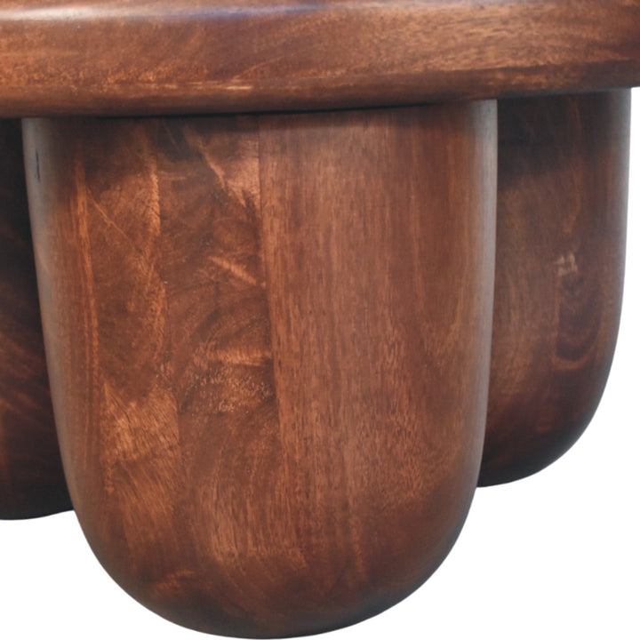 Brown Lacquered Winewood Oak Solid Mango Wood Clara Carved Coffee Table with Sculptural Pillar Legs