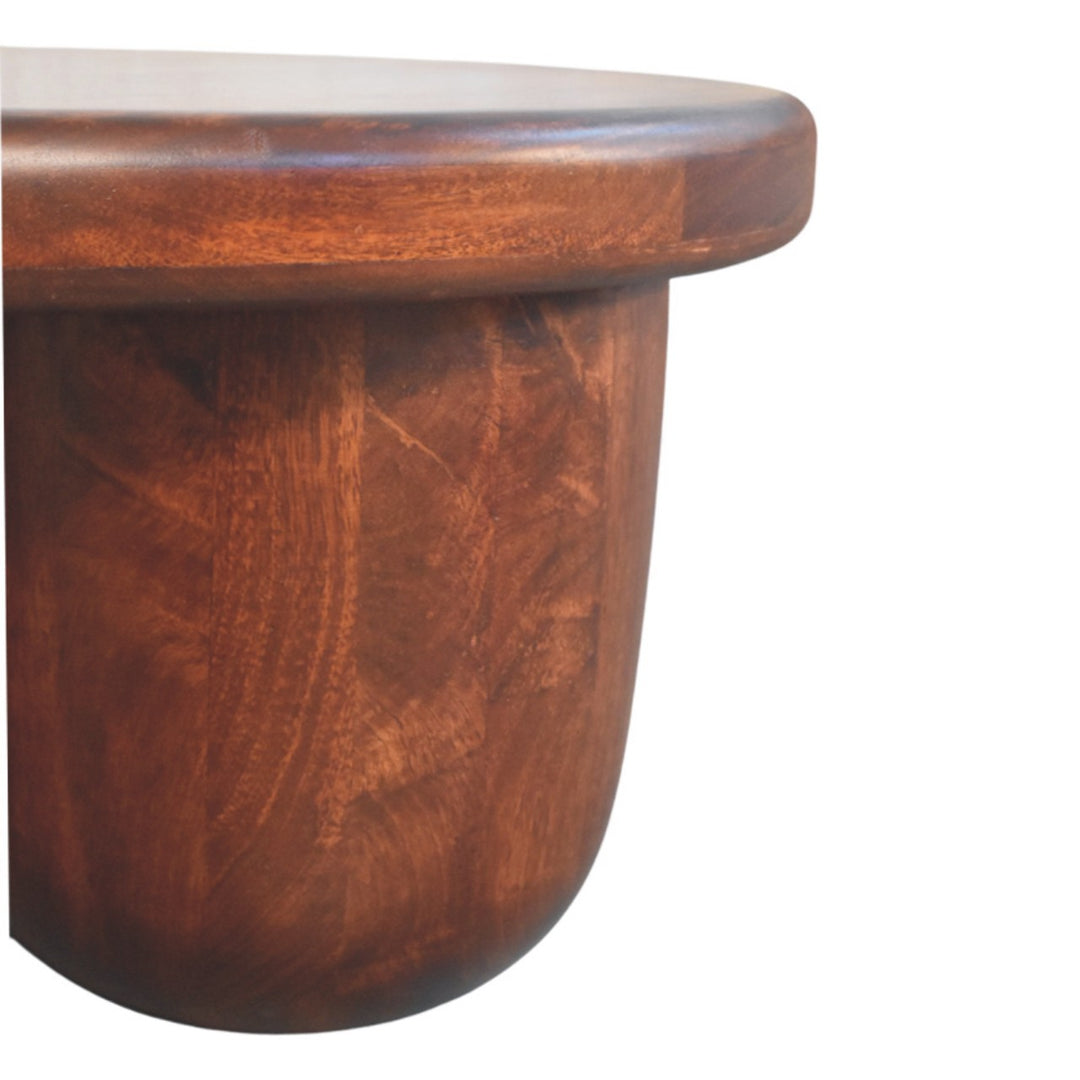 Brown Lacquered Winewood Oak Solid Mango Wood Clara Carved Coffee Table with Sculptural Pillar Legs