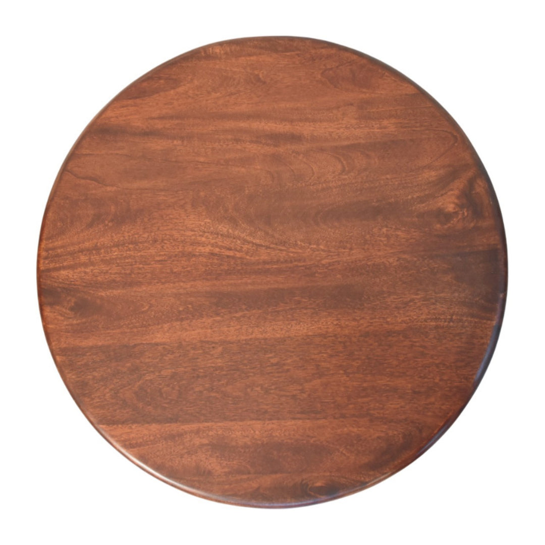 Brown Lacquered Winewood Oak Solid Mango Wood Clara Carved Coffee Table with Sculptural Pillar Legs