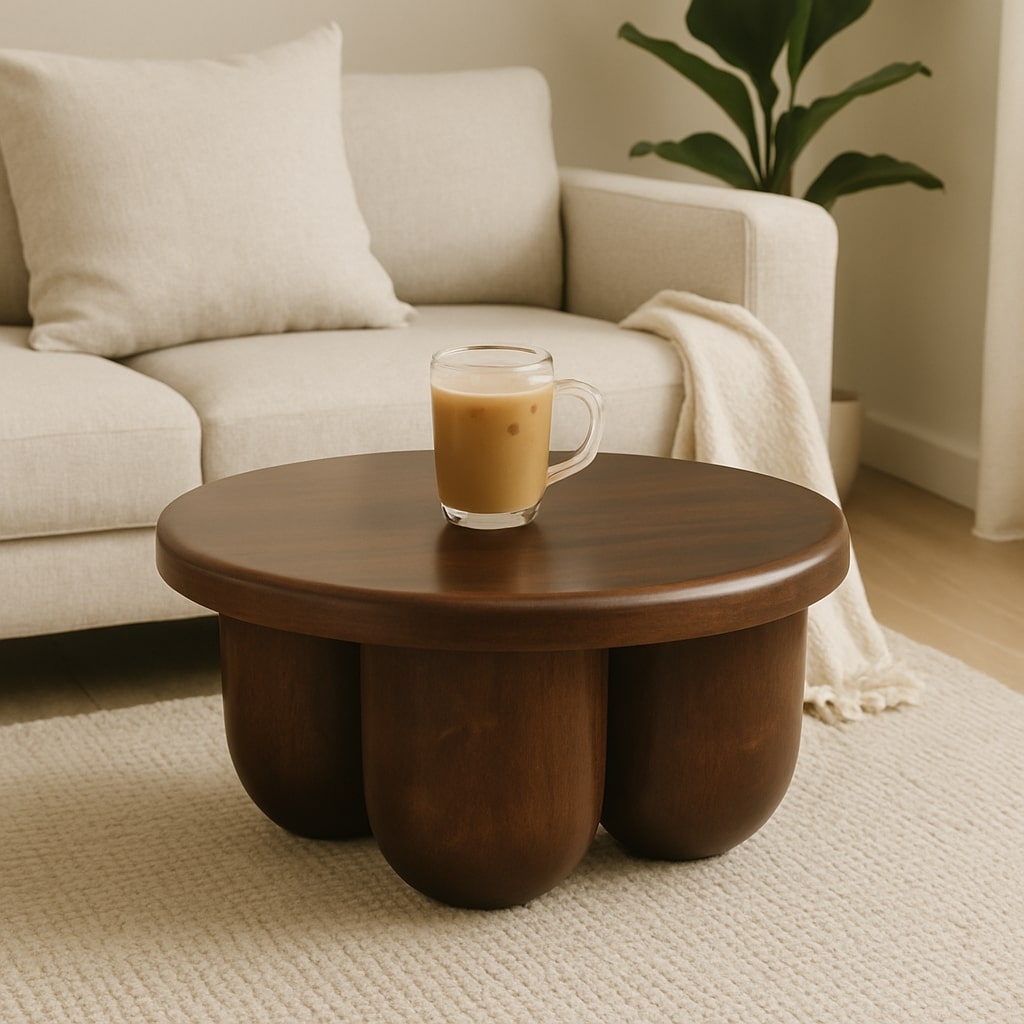 Brown Lacquered Winewood Oak Solid Mango Wood Clara Carved Coffee Table with Sculptural Pillar Legs