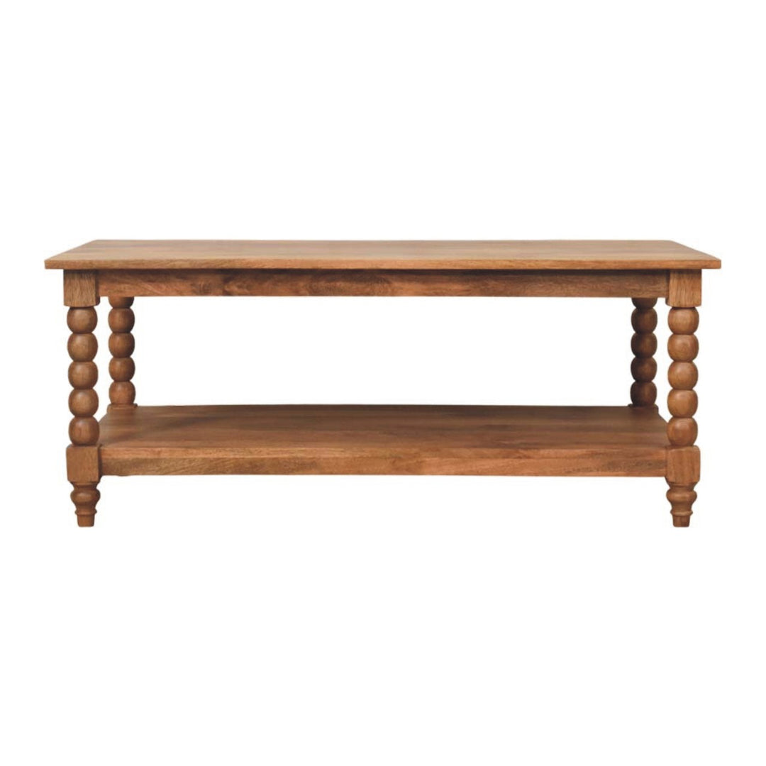 Brown Lacquered Golden Teak Solid Mango Wood Barley Twist Coffee Table with Spindle Legs & Open Shelf