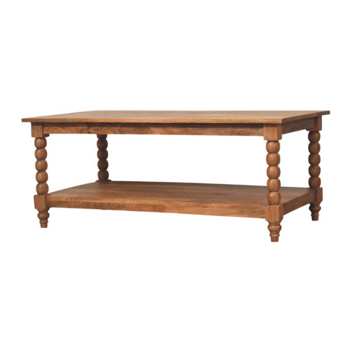 Brown Lacquered Golden Teak Solid Mango Wood Barley Twist Coffee Table with Spindle Legs & Open Shelf