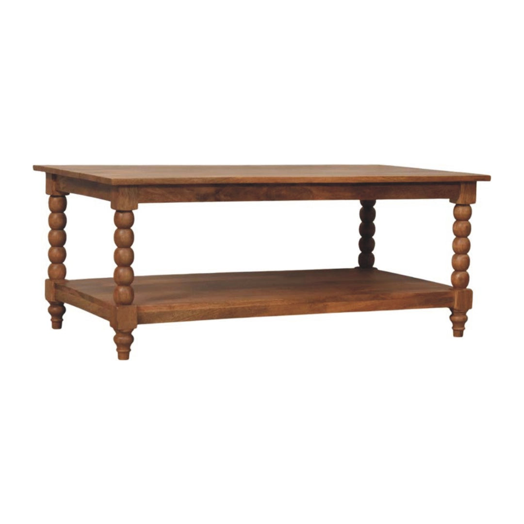 Brown Lacquered Golden Teak Solid Mango Wood Barley Twist Coffee Table with Spindle Legs & Open Shelf