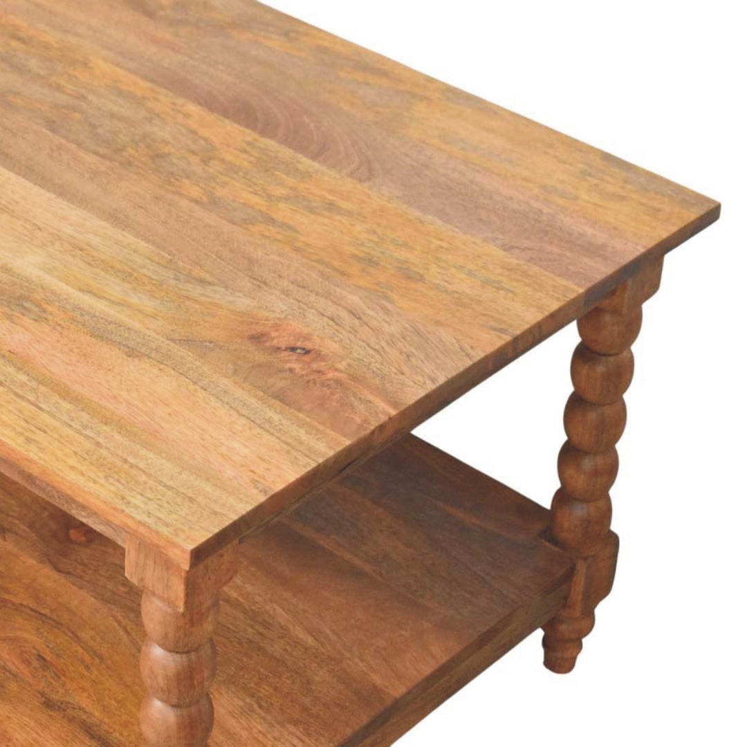 Brown Lacquered Golden Teak Solid Mango Wood Barley Twist Coffee Table with Spindle Legs & Open Shelf