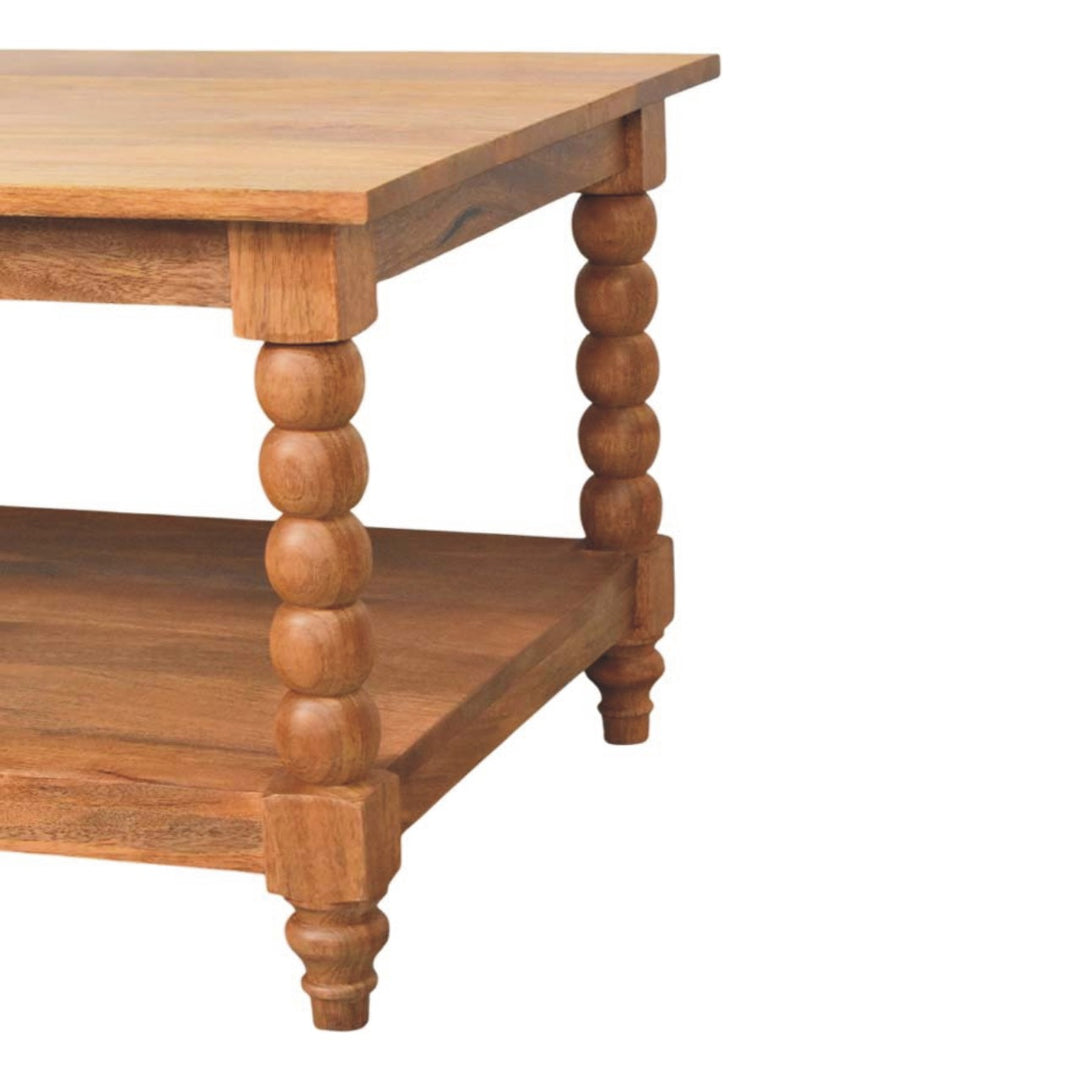 Brown Lacquered Golden Teak Solid Mango Wood Barley Twist Coffee Table with Spindle Legs & Open Shelf