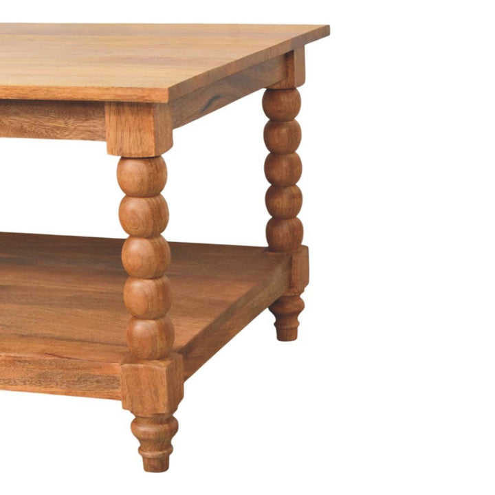 Brown Lacquered Golden Teak Solid Mango Wood Barley Twist Coffee Table with Spindle Legs & Open Shelf