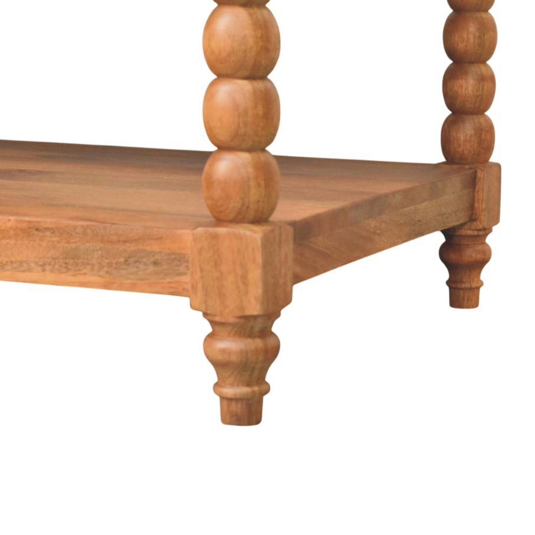 Brown Lacquered Golden Teak Solid Mango Wood Barley Twist Coffee Table with Spindle Legs & Open Shelf