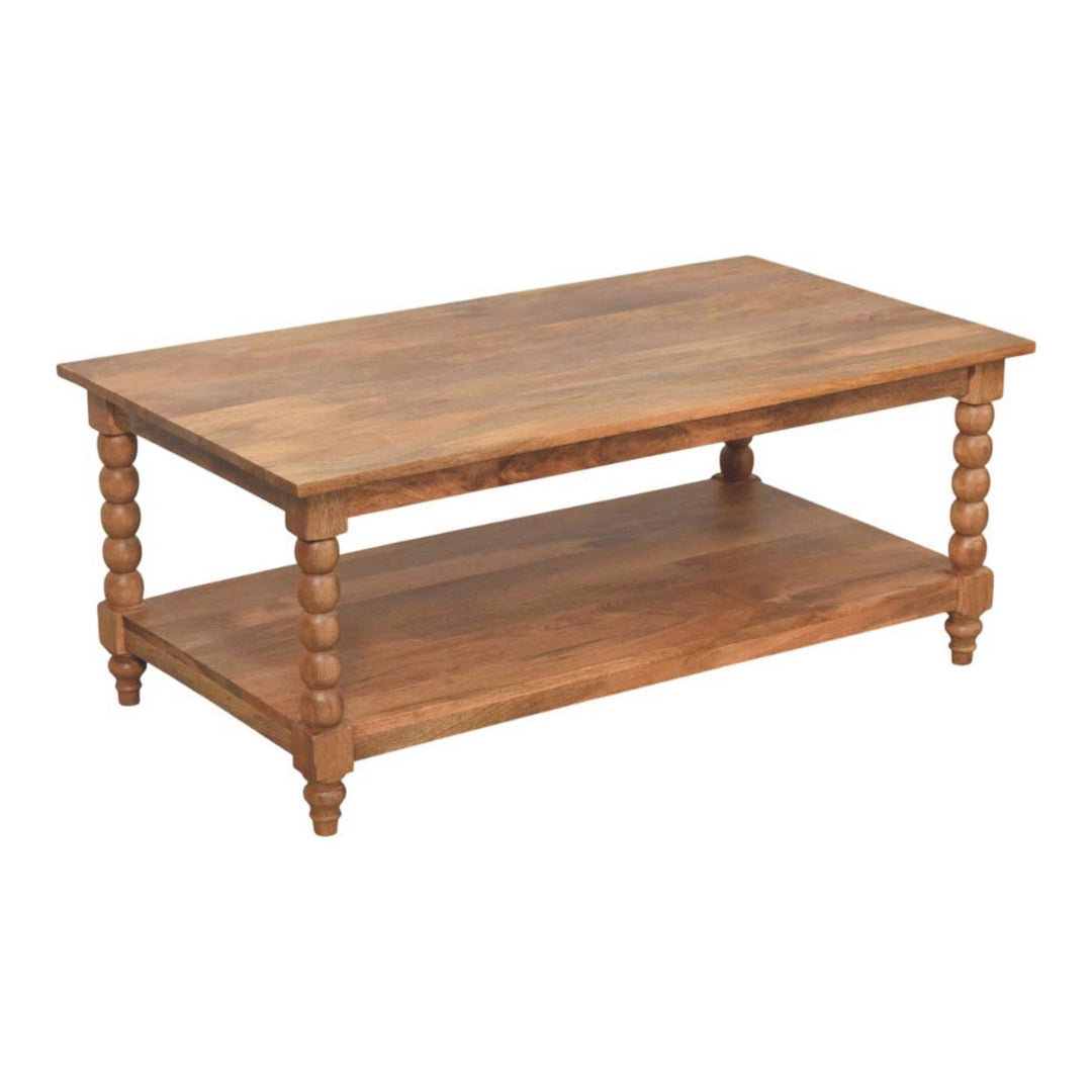 Brown Lacquered Golden Teak Solid Mango Wood Barley Twist Coffee Table with Spindle Legs & Open Shelf