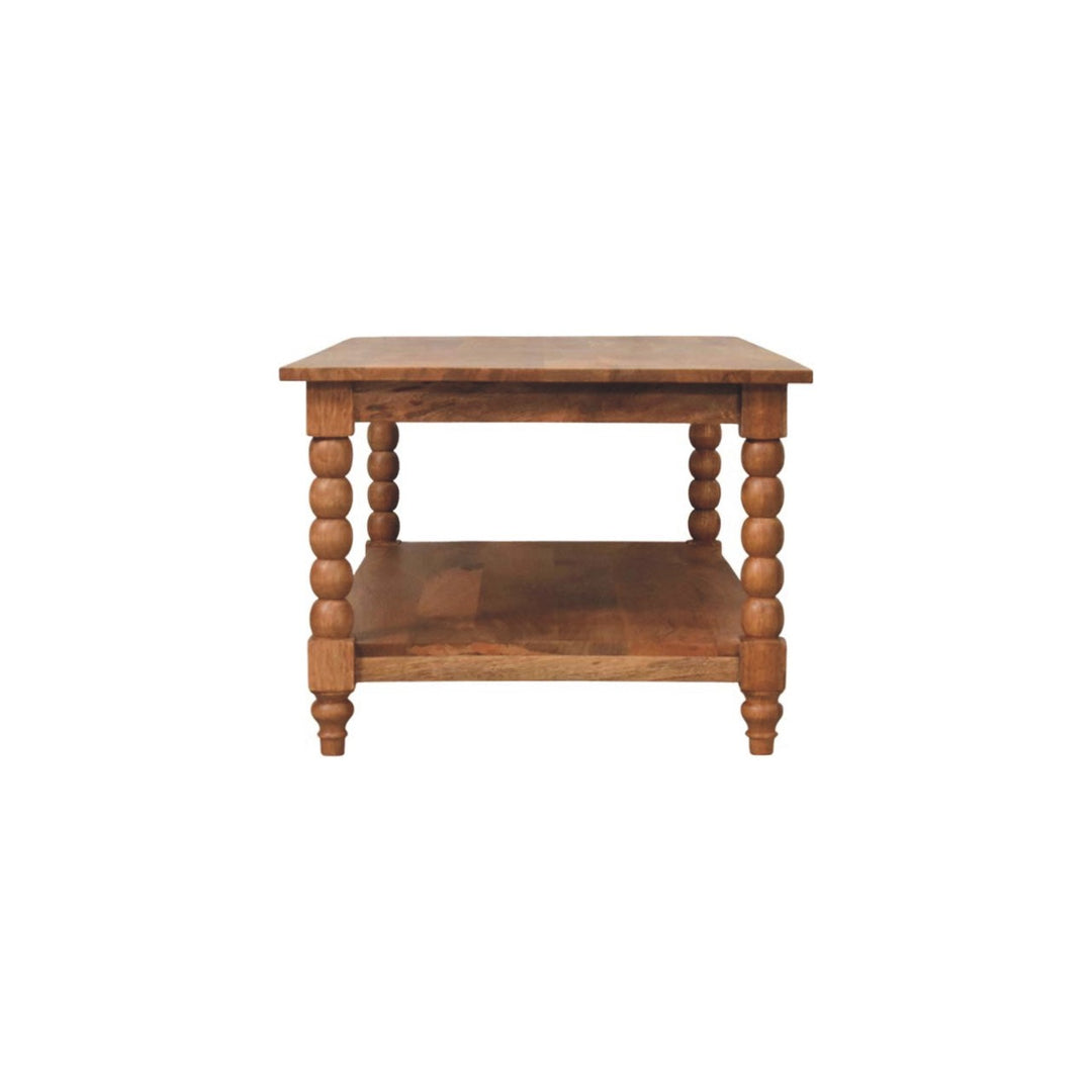 Brown Lacquered Golden Teak Solid Mango Wood Barley Twist Coffee Table with Spindle Legs & Open Shelf
