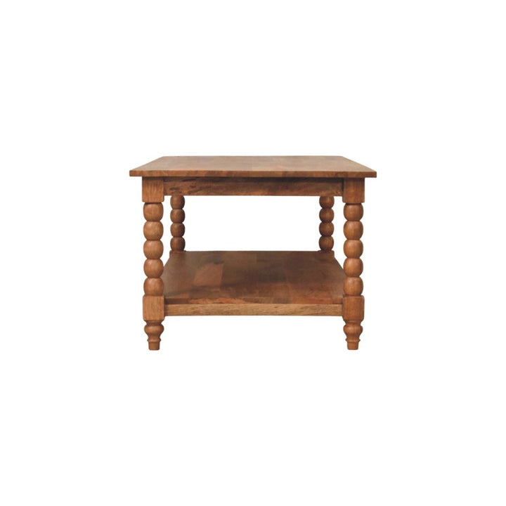 Brown Lacquered Golden Teak Solid Mango Wood Barley Twist Coffee Table with Spindle Legs & Open Shelf