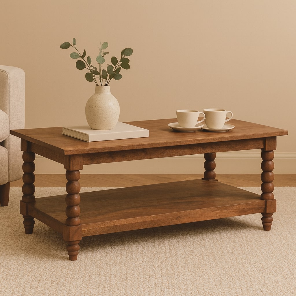 Brown Lacquered Golden Teak Solid Mango Wood Barley Twist Coffee Table with Spindle Legs & Open Shelf