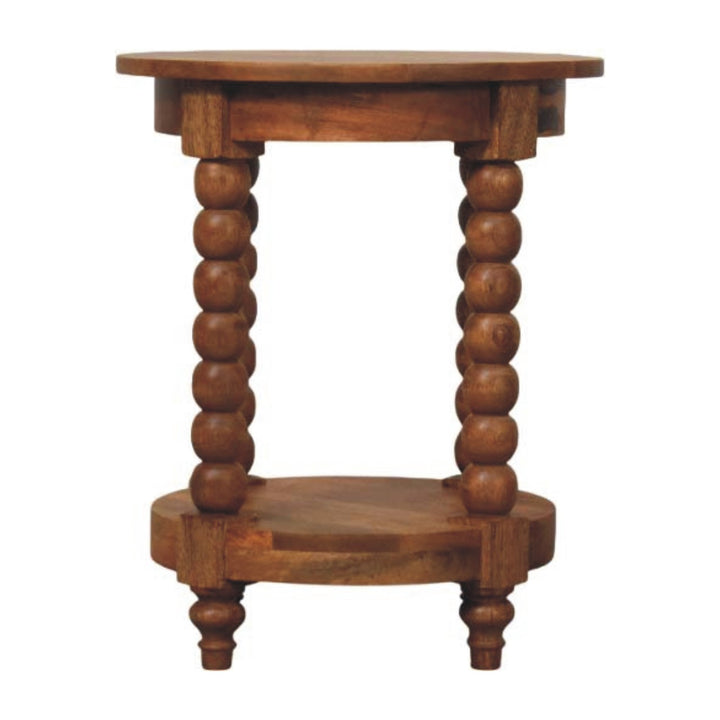 Brown Lacquered Golden Teak Solid Mango Wood Burley Twist Round Side Table with Lower Shelf