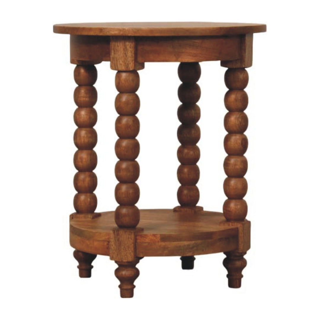 Brown Lacquered Golden Teak Solid Mango Wood Burley Twist Round Side Table with Lower Shelf