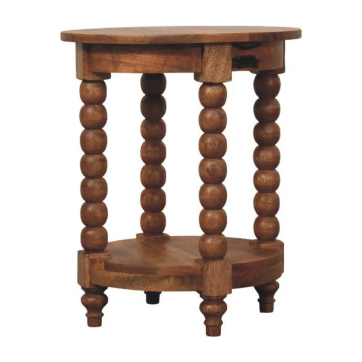 Brown Lacquered Golden Teak Solid Mango Wood Burley Twist Round Side Table with Lower Shelf