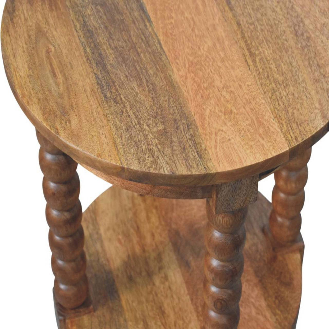 Brown Lacquered Golden Teak Solid Mango Wood Burley Twist Round Side Table with Lower Shelf