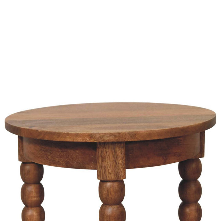 Brown Lacquered Golden Teak Solid Mango Wood Burley Twist Round Side Table with Lower Shelf
