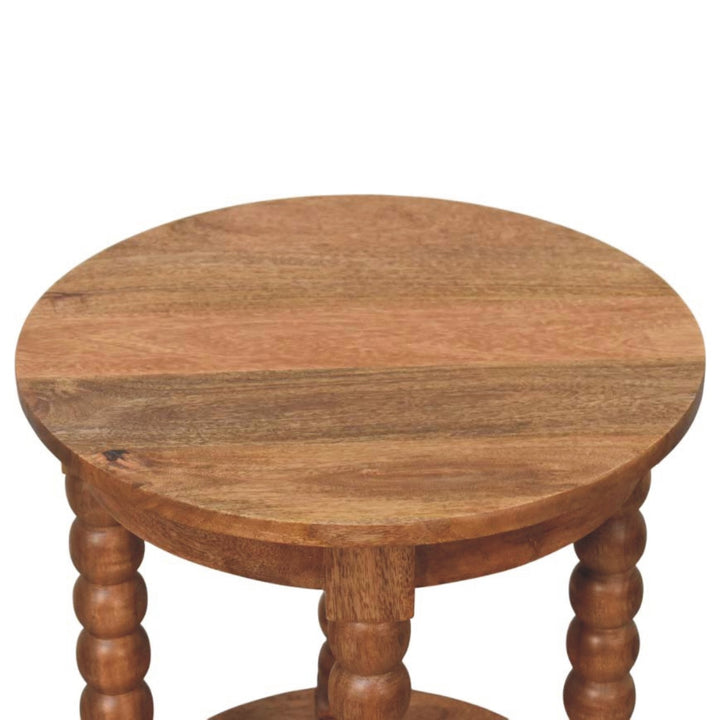 Brown Lacquered Golden Teak Solid Mango Wood Burley Twist Round Side Table with Lower Shelf