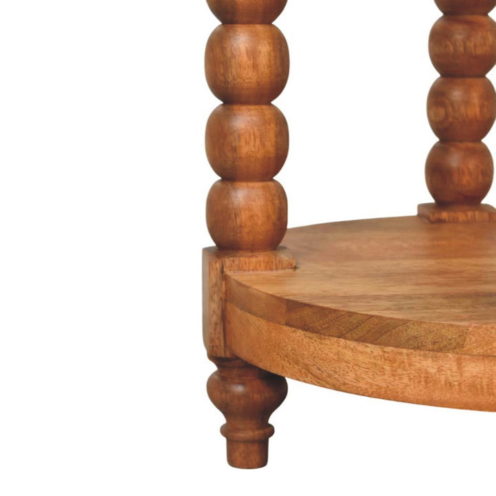 Brown Lacquered Golden Teak Solid Mango Wood Burley Twist Round Side Table with Lower Shelf