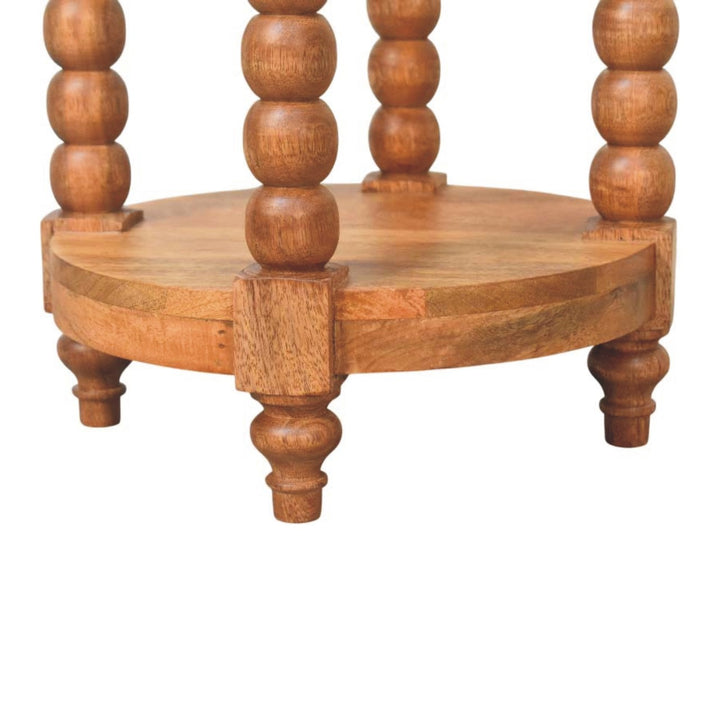 Brown Lacquered Golden Teak Solid Mango Wood Burley Twist Round Side Table with Lower Shelf