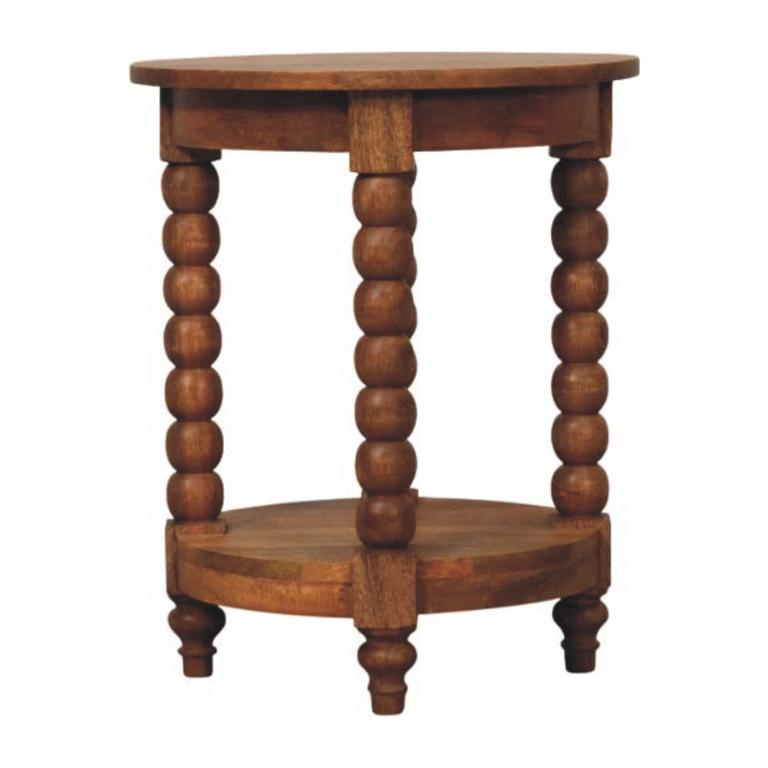 Brown Lacquered Golden Teak Solid Mango Wood Burley Twist Round Side Table with Lower Shelf