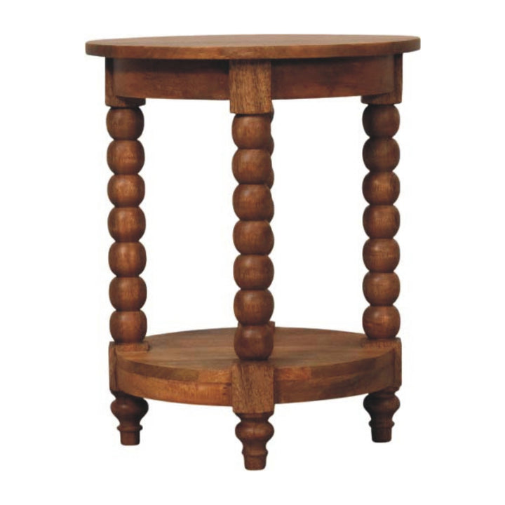 Brown Lacquered Golden Teak Solid Mango Wood Burley Twist Round Side Table with Lower Shelf