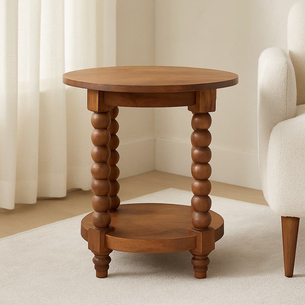Brown Lacquered Golden Teak Solid Mango Wood Burley Twist Round Side Table with Lower Shelf