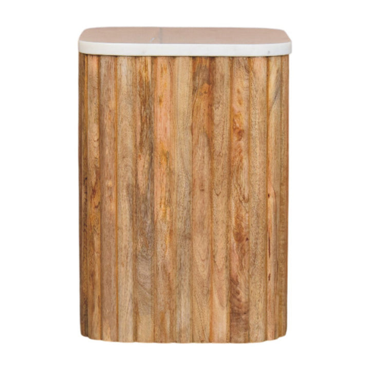 Brown White Oak Veneer Solid Mango Wood Marble-Top Side Table with Fluted Detailing