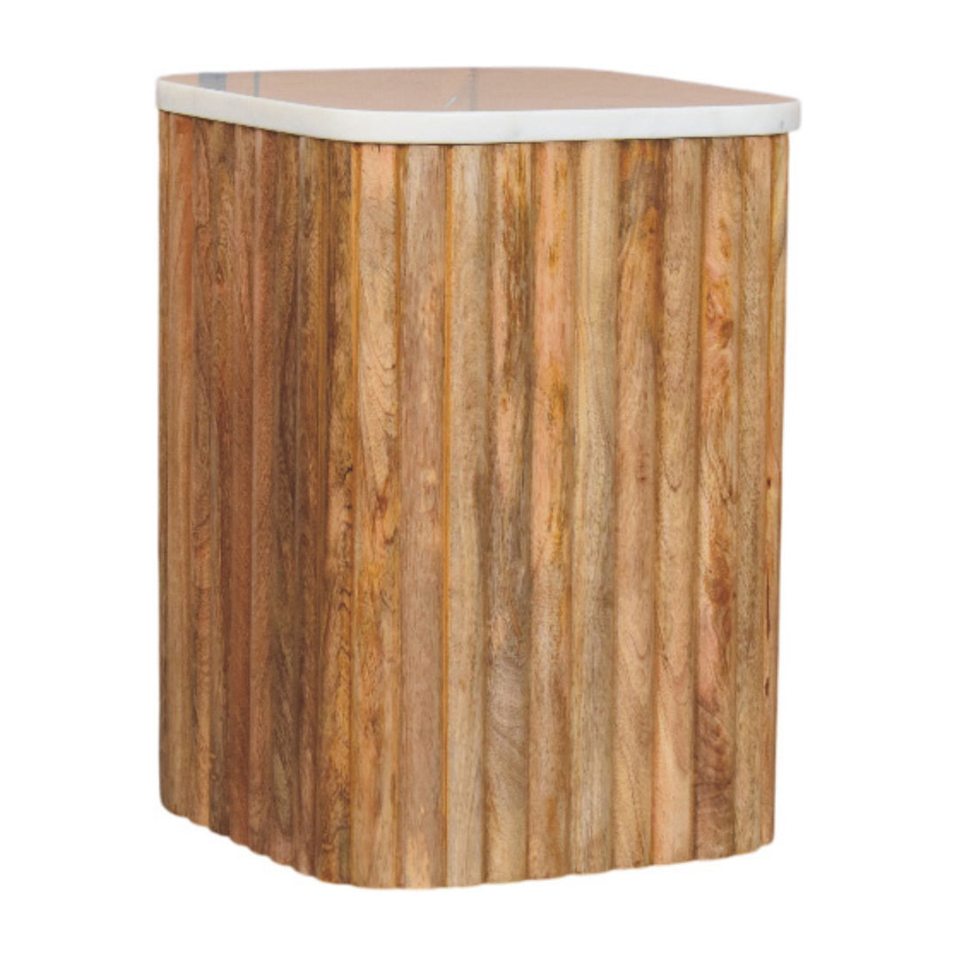 Brown White Oak Veneer Solid Mango Wood Marble-Top Side Table with Fluted Detailing