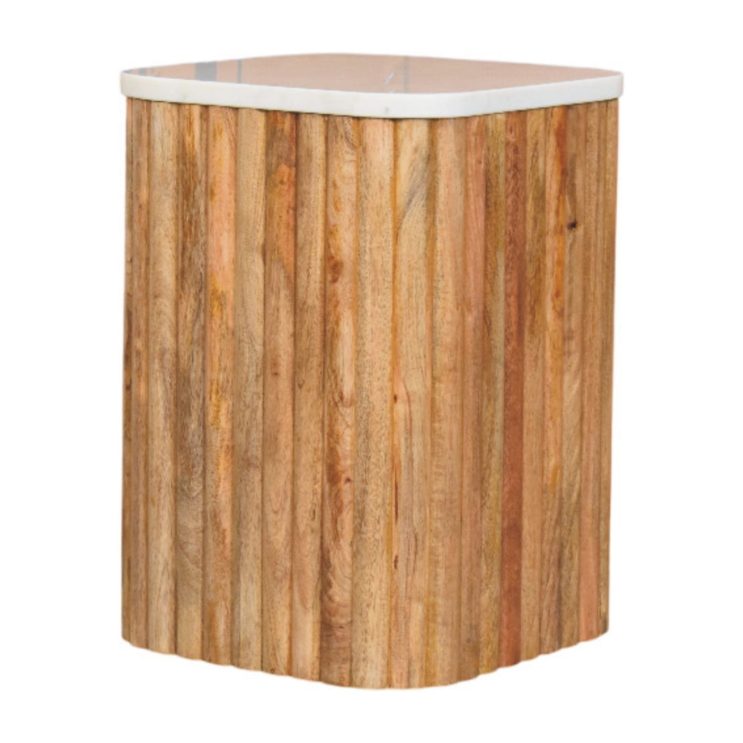 Brown White Oak Veneer Solid Mango Wood Marble-Top Side Table with Fluted Detailing