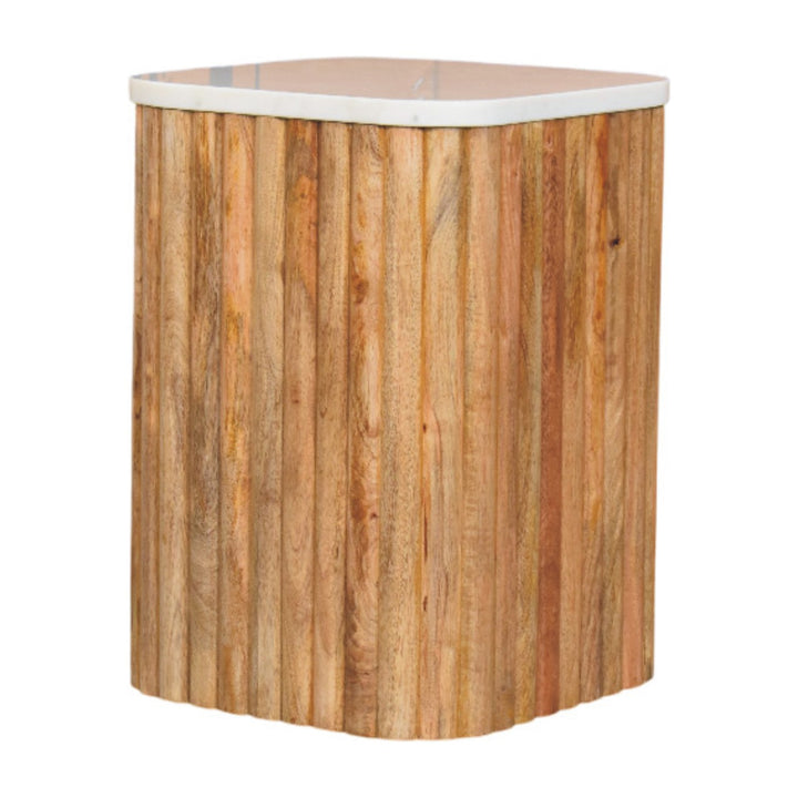Brown White Oak Veneer Solid Mango Wood Marble-Top Side Table with Fluted Detailing