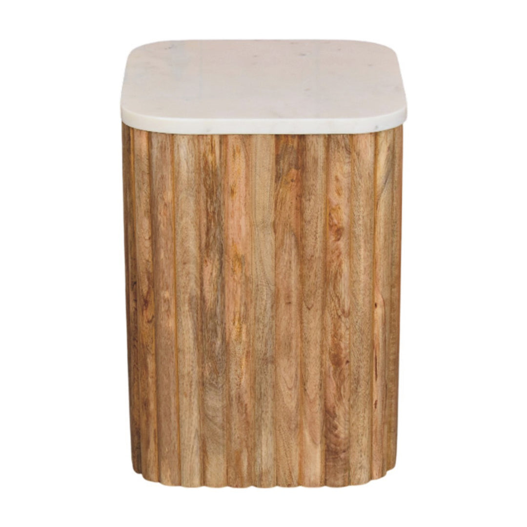 Brown White Oak Veneer Solid Mango Wood Marble-Top Side Table with Fluted Detailing