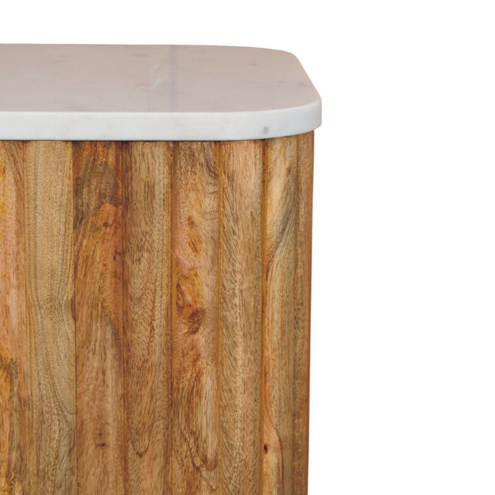 Brown White Oak Veneer Solid Mango Wood Marble-Top Side Table with Fluted Detailing