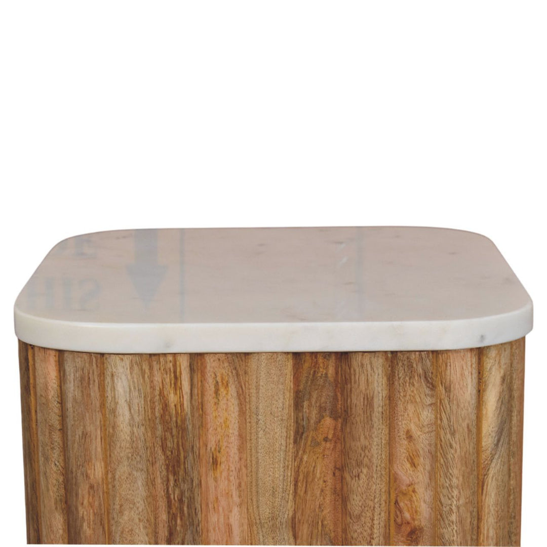 Brown White Oak Veneer Solid Mango Wood Marble-Top Side Table with Fluted Detailing