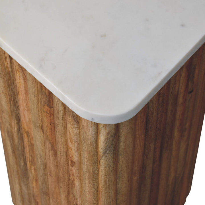 Brown White Oak Veneer Solid Mango Wood Marble-Top Side Table with Fluted Detailing