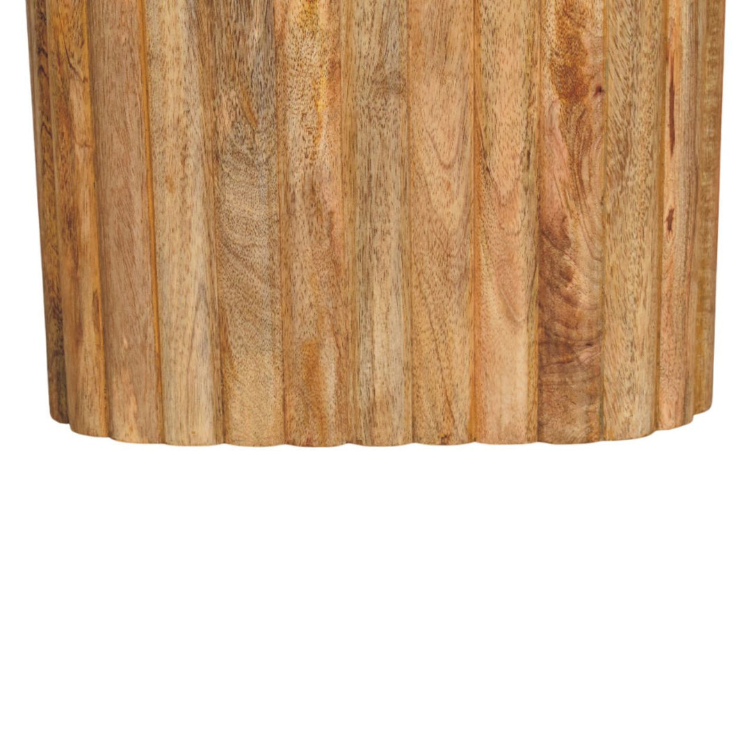 Brown White Oak Veneer Solid Mango Wood Marble-Top Side Table with Fluted Detailing