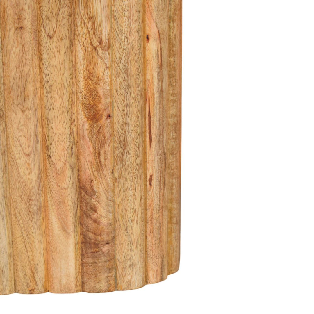 Brown White Oak Veneer Solid Mango Wood Marble-Top Side Table with Fluted Detailing