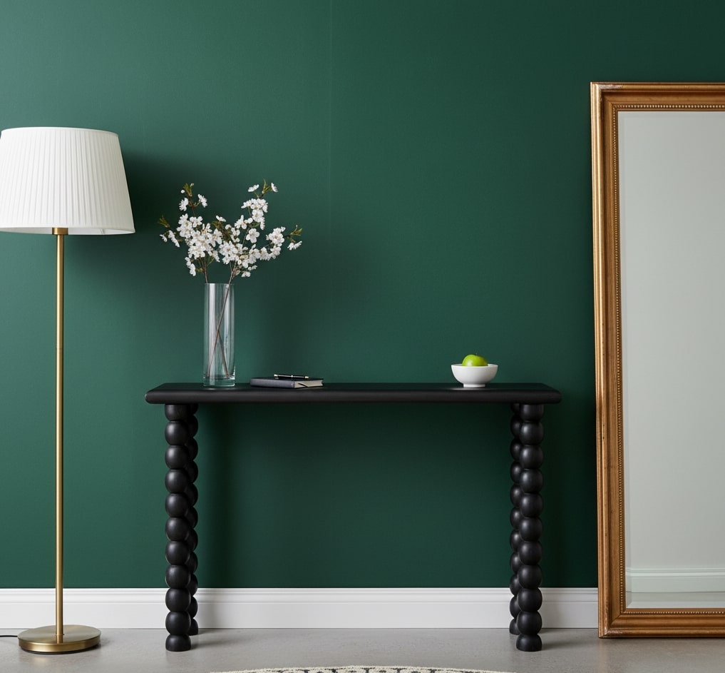 Brown Lacquered Carbon Ash Solid Mango Wood Soba Ball Console with Spindle Tapered Legs