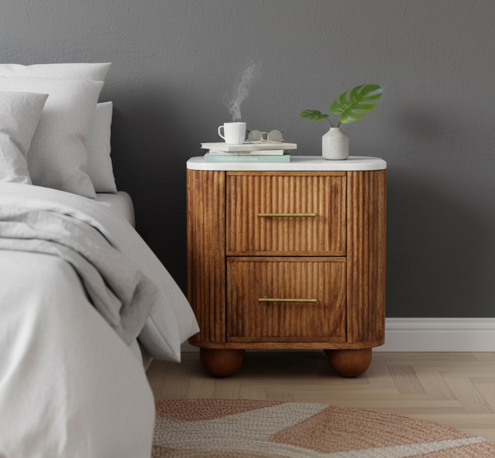 Brown Lacquered Carbon Ash Solid Mango Wood Monroe Bedside with Semi-Circular Design & Brass Handle