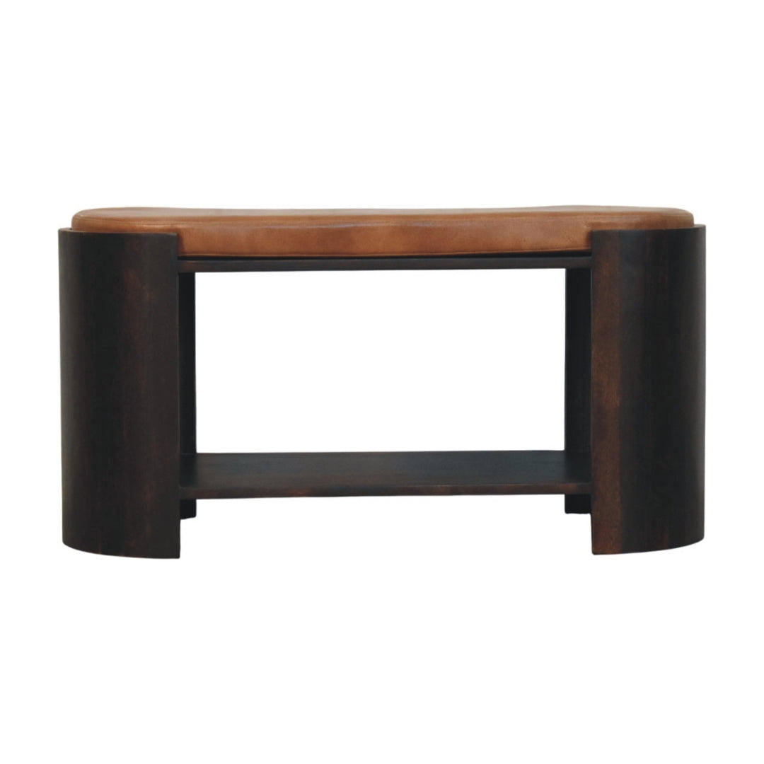 Chocolate Brown Velvet Lacquered Solid Mango Wood Valencia Leather Shoe Bench with Open Shelf