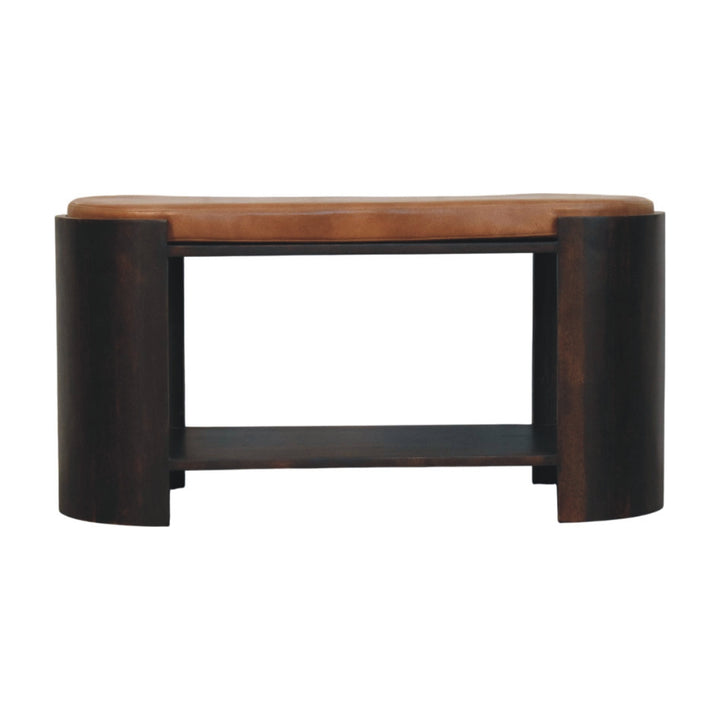 Chocolate Brown Velvet Lacquered Solid Mango Wood Valencia Leather Shoe Bench with Open Shelf