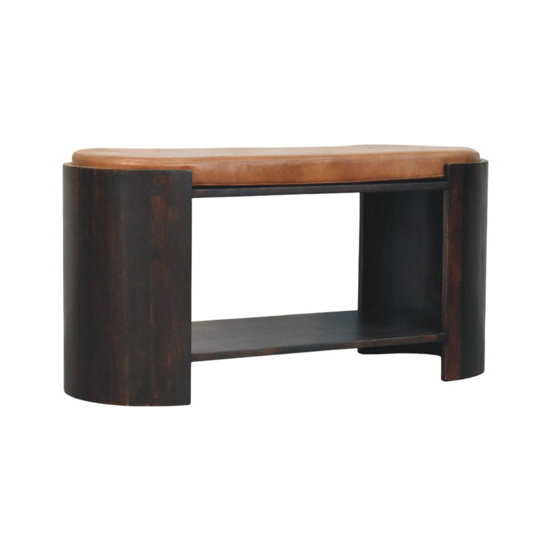 Chocolate Brown Velvet Lacquered Solid Mango Wood Valencia Leather Shoe Bench with Open Shelf