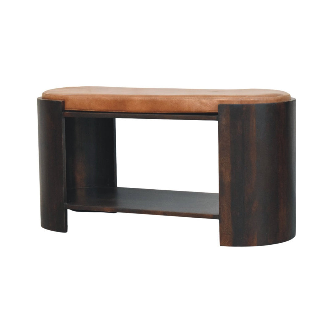 Chocolate Brown Velvet Lacquered Solid Mango Wood Valencia Leather Shoe Bench with Open Shelf