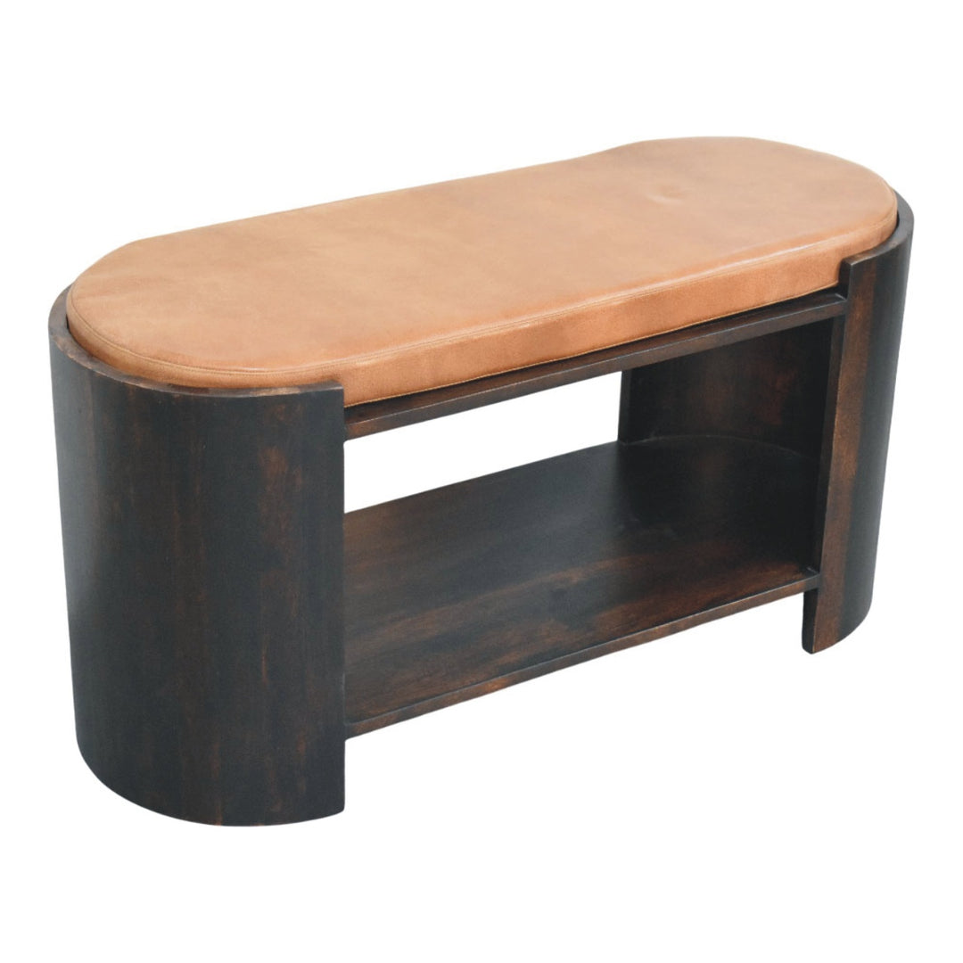 Chocolate Brown Velvet Lacquered Solid Mango Wood Valencia Leather Shoe Bench with Open Shelf