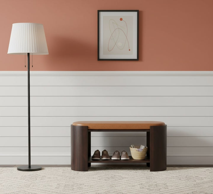 Chocolate Brown Velvet Lacquered Solid Mango Wood Valencia Leather Shoe Bench with Open Shelf